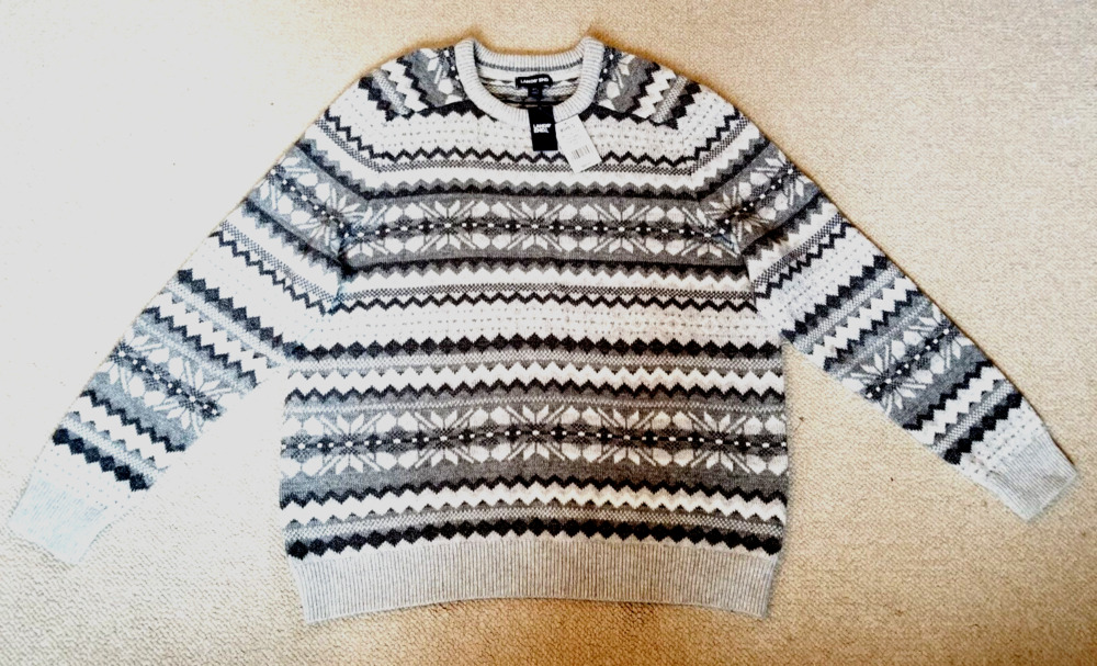 NWT Mens Sweater-LANDS' END-grey/white Nordic Fair Isle wool Fisherman po-XL